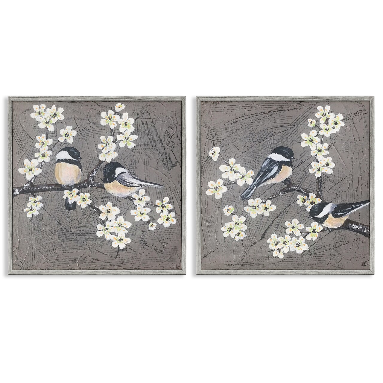 Stupell Industries Chickadee Birds Flowering Branch 2 pc Framed Giclee Wall Art Set Design by Jade Reynolds